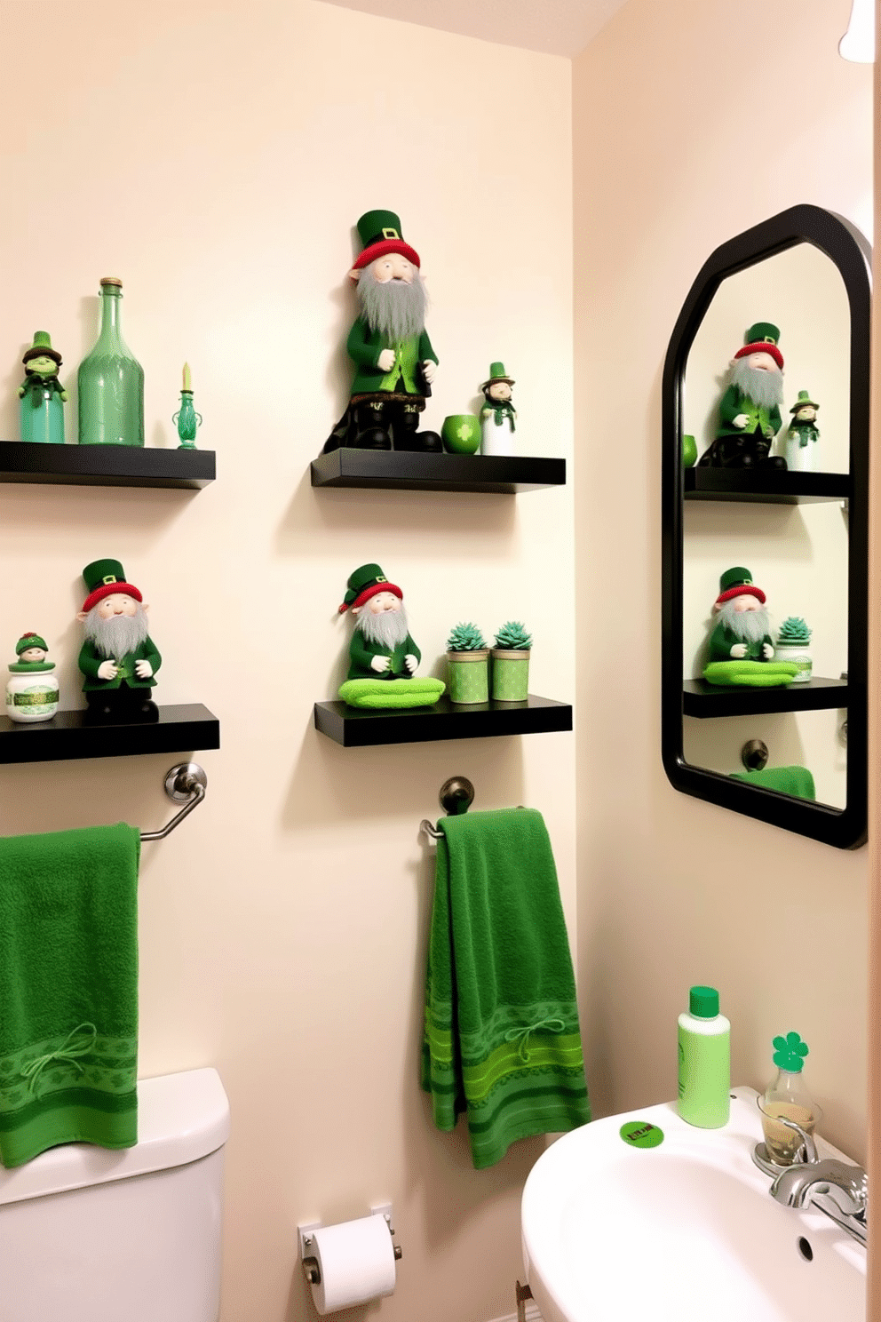 A whimsical bathroom setting adorned with charming leprechaun figurines displayed on floating shelves. The walls are painted a soft cream color, and festive green accents are incorporated through towels and decorative items to celebrate St. Patrick's Day.