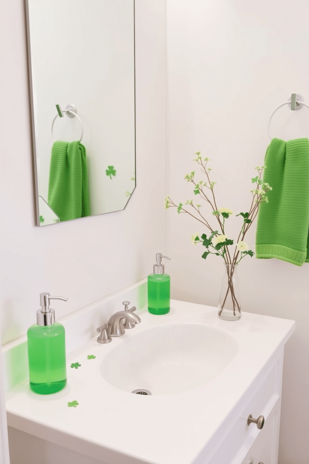 A charming bathroom setting adorned with green soap dispensers that add a pop of color to the space. The dispensers are placed on a sleek white countertop, complemented by a backdrop of soft, neutral-toned walls. For St. Patrick's Day, the bathroom features subtle decorations such as small shamrock accents and a festive green towel neatly hung on a rack. A delicate arrangement of fresh green flowers in a vase brings a touch of nature and celebration to the overall decor.