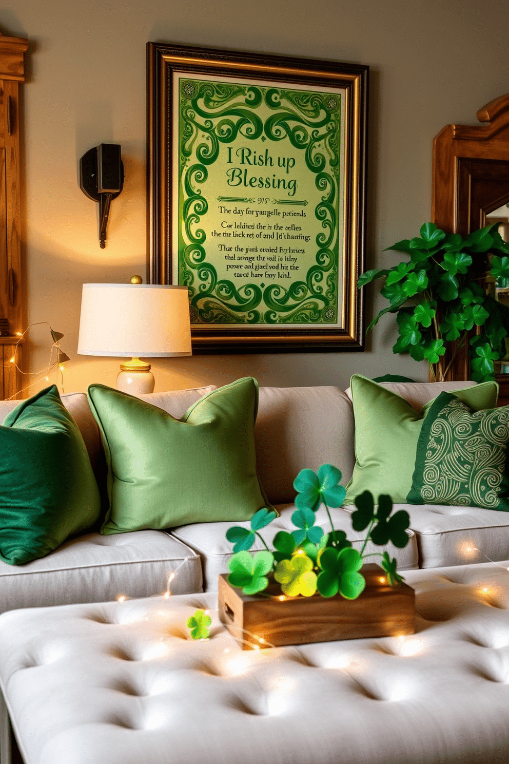 A charming living space adorned with Irish blessing wall art, featuring an elegant framed print with intricate Celtic designs in rich greens and golds. The artwork is complemented by rustic wooden accents and soft, warm lighting that creates a welcoming atmosphere. For St. Patrick's Day, the room is decorated with tasteful touches of festive decor, including green and gold throw pillows on a plush sofa and a centerpiece of fresh shamrocks on the coffee table. Delicate string lights in the shape of shamrocks add a whimsical glow, enhancing the celebratory spirit while maintaining an upscale aesthetic.