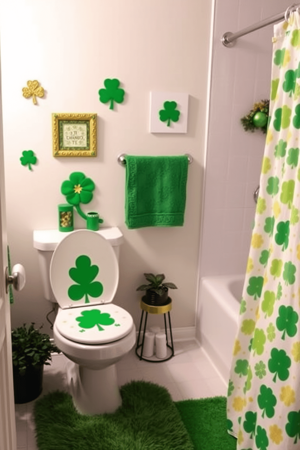 A whimsical bathroom setting adorned for St. Patrick's Day. The focal point is a vibrant shamrock toilet seat cover, complemented by green and gold accents throughout the space. On the walls, festive decorations feature playful shamrock motifs, while a plush green rug sits beneath the vanity. A small potted shamrock plant adds a touch of nature, and a cheerful, patterned shower curtain completes the festive look.