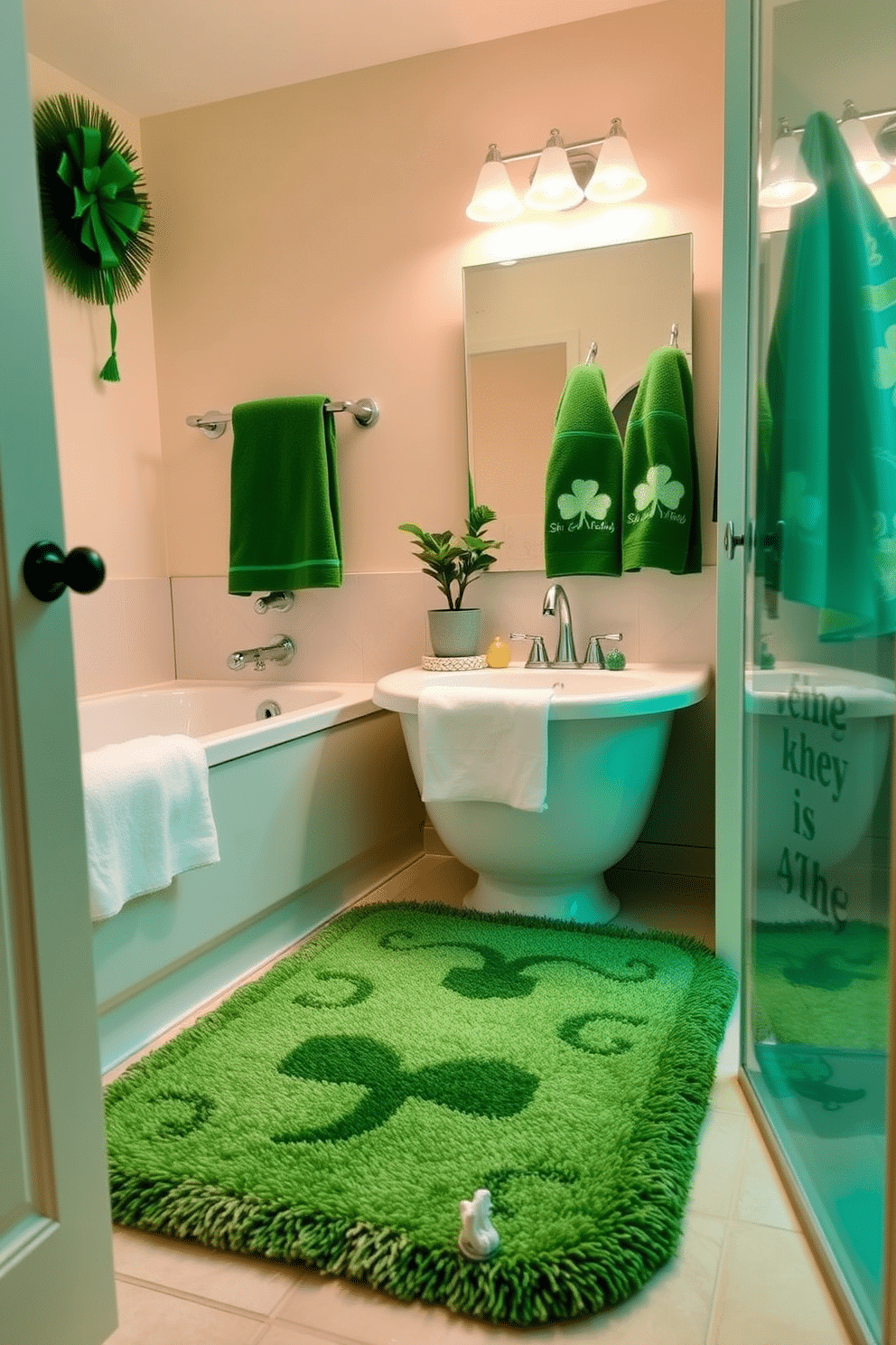 A cozy bathroom setting adorned with a plush green and white bath rug that adds a touch of comfort. The space features soft, ambient lighting that highlights the festive St. Patrick's Day decorations, including shamrock-themed towels and a small potted plant with green accents.