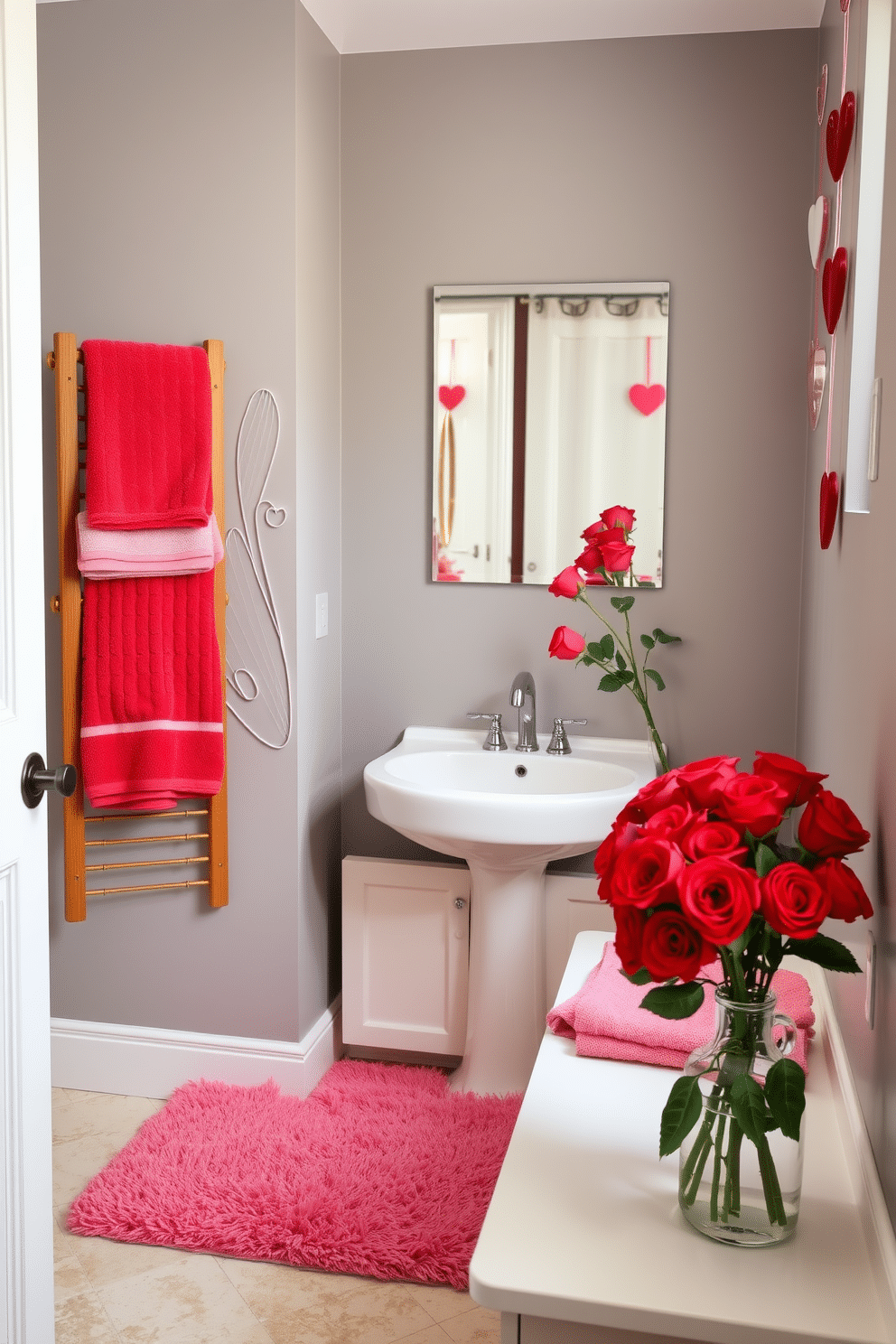 A romantic bathroom setting adorned for Valentine's Day. The space features plush red and pink towels neatly arranged on a wooden towel rack, complemented by a soft pink rug beneath the sink. Delicate heart-shaped decorations hang on the walls, adding a festive touch. A bouquet of red roses sits in a vase on the countertop, bringing a fresh pop of color to the muted gray walls.