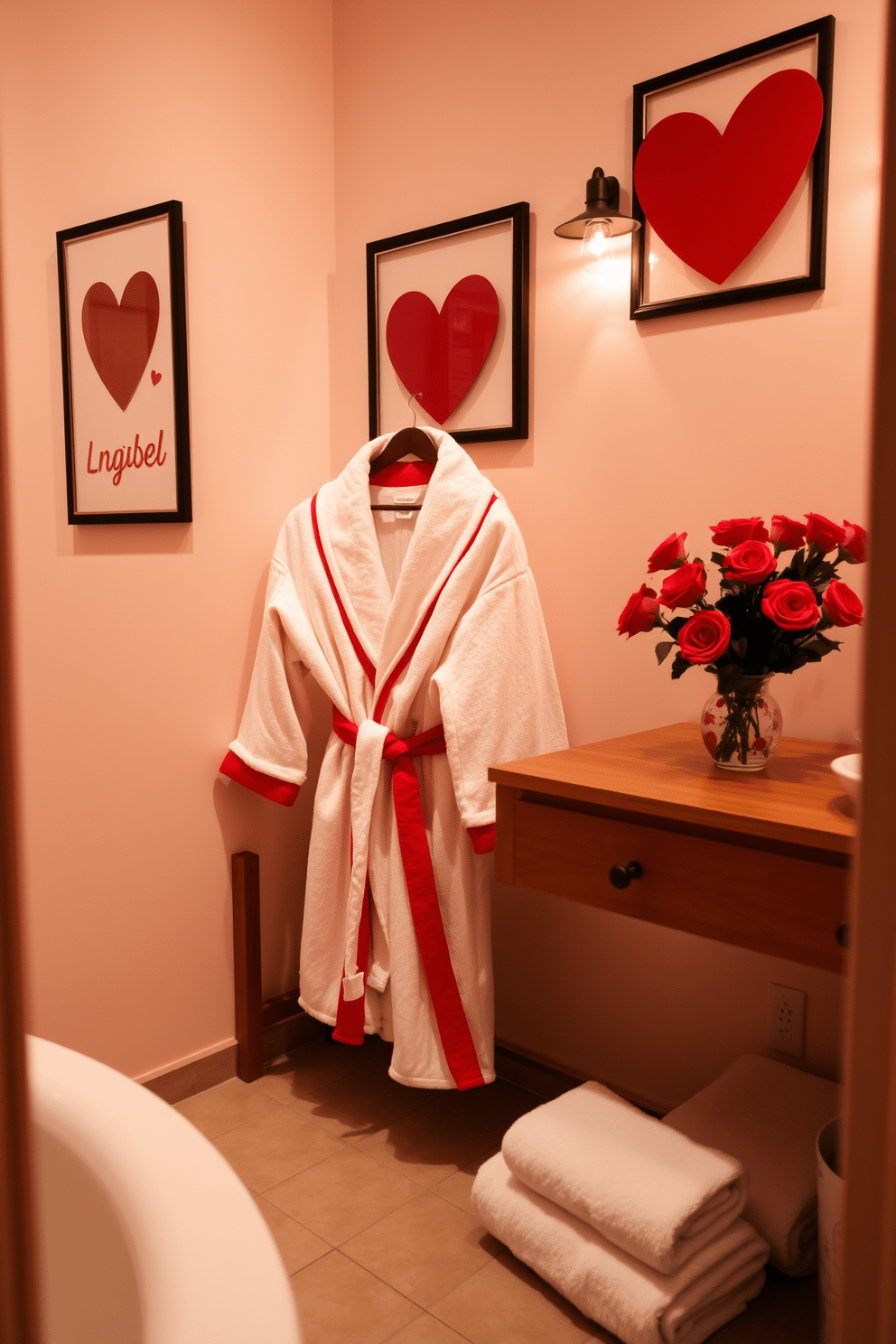 A cozy bathroom setting adorned with red and white bathrobes draped elegantly over a wooden bench. Soft, ambient lighting casts a warm glow, enhancing the romantic atmosphere for Valentine's Day. The walls are decorated with heart-themed artwork, and a bouquet of fresh red roses sits in a decorative vase on the countertop. Plush white towels are neatly arranged, complementing the festive decor and inviting a sense of relaxation and love.