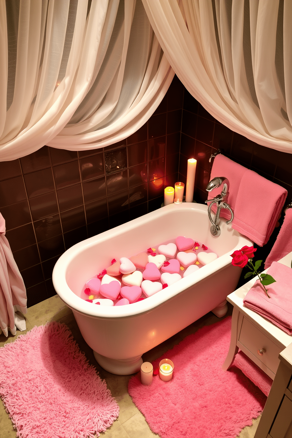 A romantic bathroom setting adorned for Valentine's Day. The centerpiece features a luxurious bathtub filled with heart-shaped bath bombs in soft pastel colors, surrounded by flickering candles and rose petals scattered along the edge. The walls are draped in delicate white fabric, creating an ethereal atmosphere. Soft pink towels and a plush bath mat complement the decor, while a small bouquet of red roses sits on the vanity for a touch of elegance.