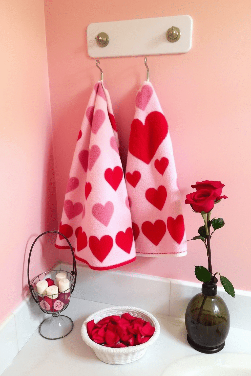 A charming Valentine's Day bathroom setting featuring soft, plush hand towels adorned with heart patterns in shades of pink and red. The towels are neatly hung on a wooden towel rack, complemented by a decorative basket filled with rose petals and small scented candles. The walls are painted in a soft blush hue, creating a warm and inviting atmosphere. A small vase with fresh red roses sits on the countertop, adding a touch of romance to the space.