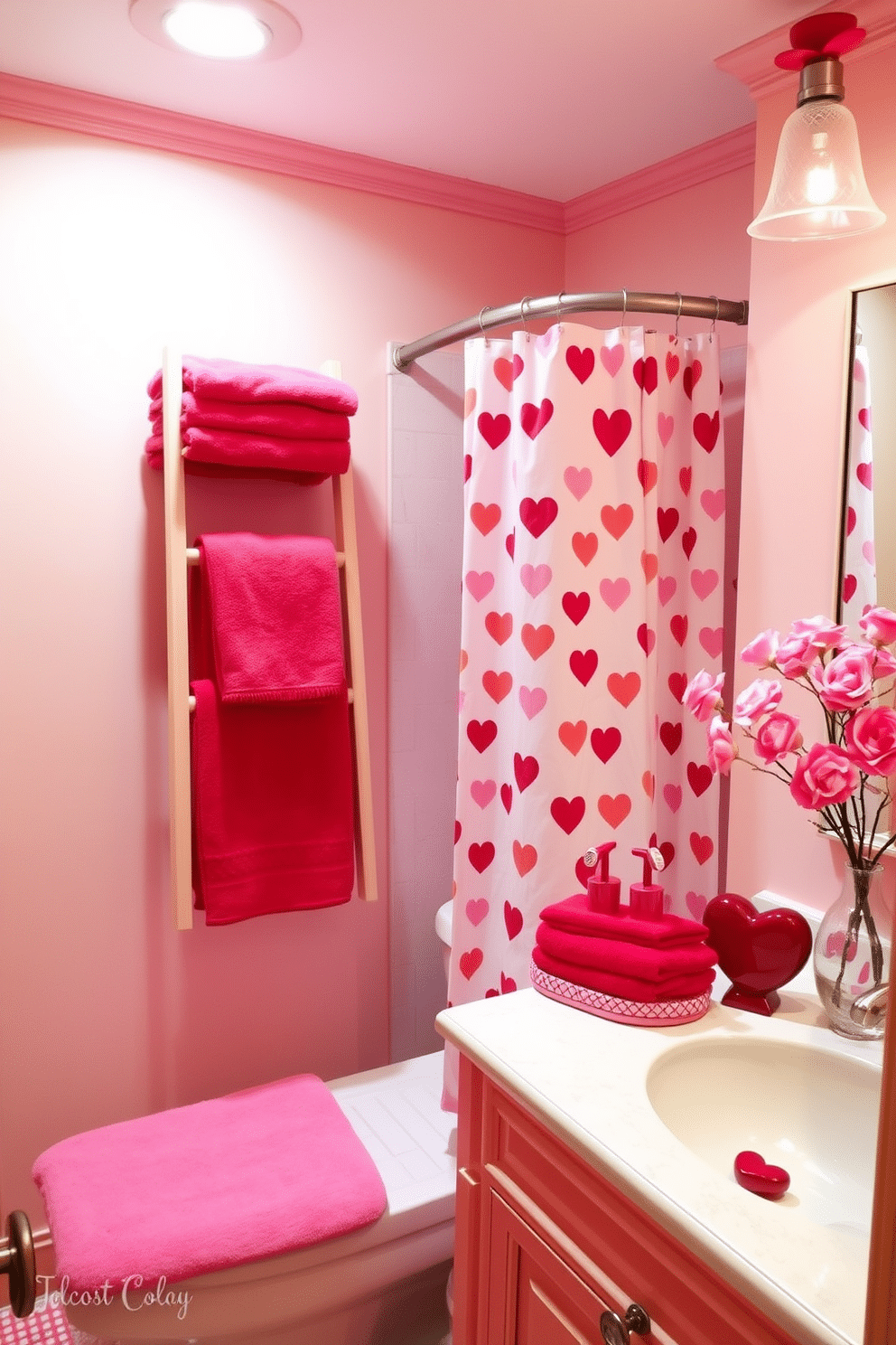 A cozy bathroom adorned with red and pink bath accessories that create a warm and inviting atmosphere. Plush towels in various shades of red and pink are neatly arranged on a decorative ladder, while a vibrant shower curtain features a playful heart pattern. A stylish vanity displays a collection of heart-shaped soap dishes and matching toothbrush holders, adding a festive touch. Soft, ambient lighting casts a romantic glow, enhancing the overall Valentine's Day theme with delicate floral arrangements in shades of pink.