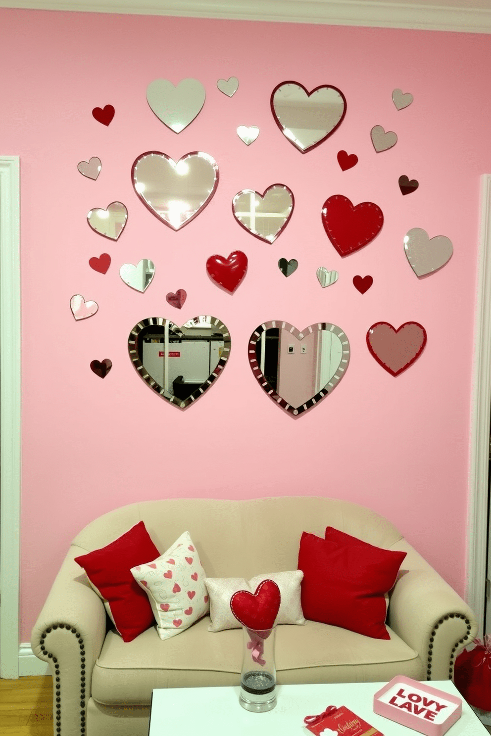 A charming Valentine's Day decor setup featuring heart-shaped mirror stickers arranged playfully on a pastel pink wall. Below the mirrors, a cozy seating area includes a plush loveseat adorned with red and white throw pillows, complemented by a small coffee table topped with heart-themed decorations.