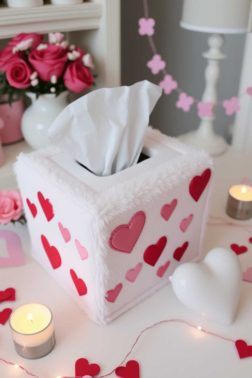 A charming Valentine-themed tissue box cover adorned with delicate pink and red hearts. The cover features a soft, plush texture that adds a cozy touch to your decor, perfect for a romantic setting. Surround the tissue box with festive accents like small rose bouquets and heart-shaped candles. Incorporate playful elements such as love notes or whimsical garlands to enhance the Valentine's Day spirit in your home.