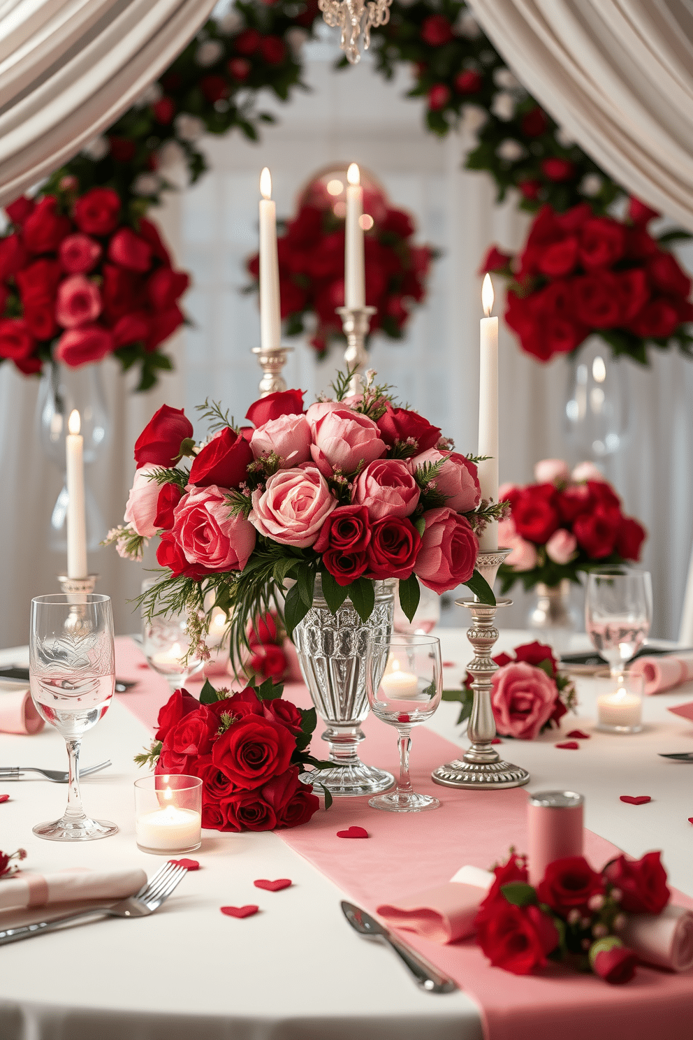 A romantic Valentine's Day setting adorned with vibrant red and pink floral arrangements. The centerpiece features a lush bouquet of roses and peonies in a crystal vase, surrounded by soft candlelight to create an intimate ambiance. Delicate floral accents are scattered throughout the space, enhancing the festive atmosphere with touches of love. Elegant table settings include heart-themed napkin rings and blush-colored table runners, inviting warmth and charm to the occasion.