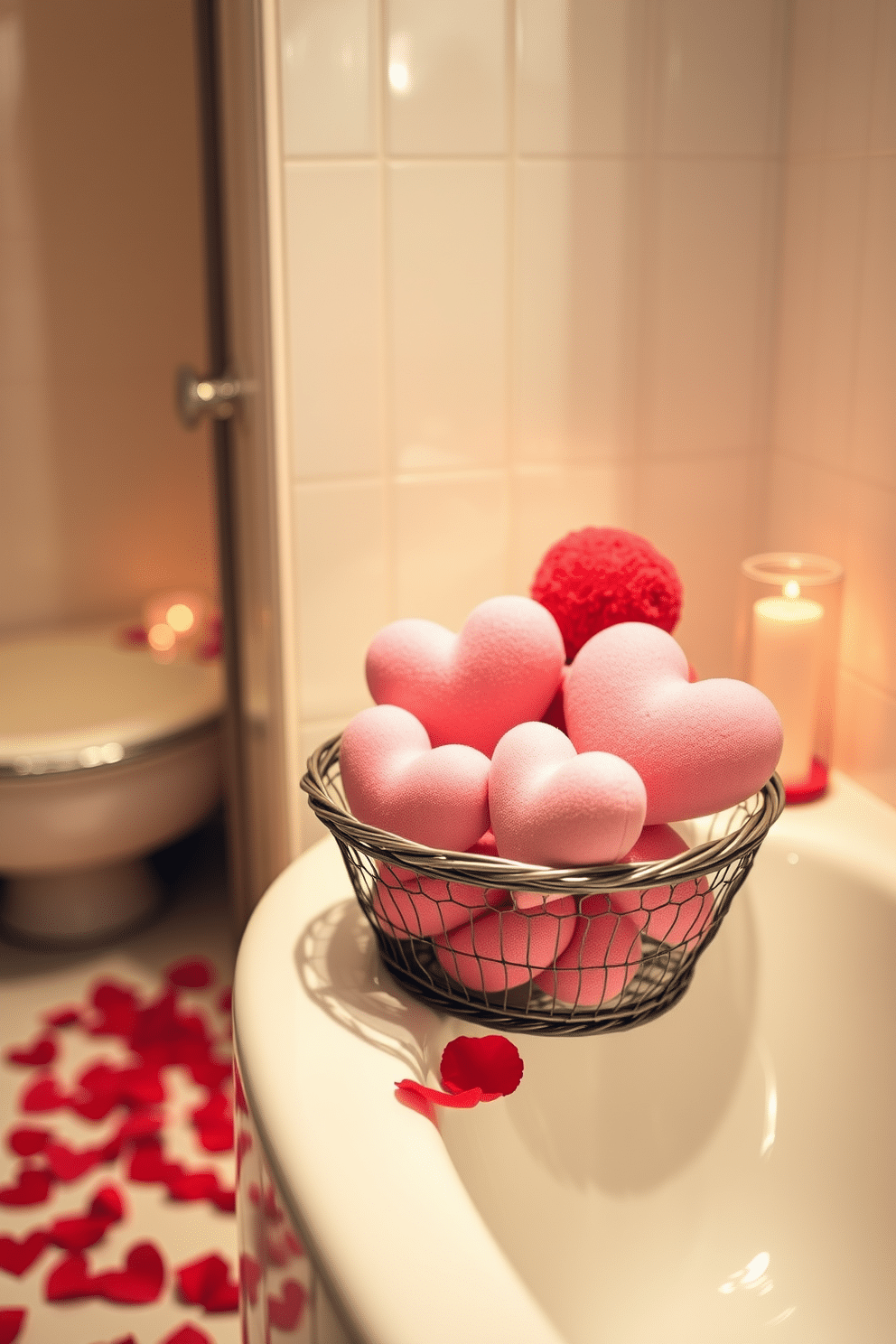 A romantic bathroom setting adorned with heart-shaped bath sponges in various shades of pink and red, arranged neatly in a decorative basket on the countertop. Soft, ambient lighting casts a warm glow, enhancing the festive Valentine's Day spirit with delicate rose petals scattered around the bathtub.