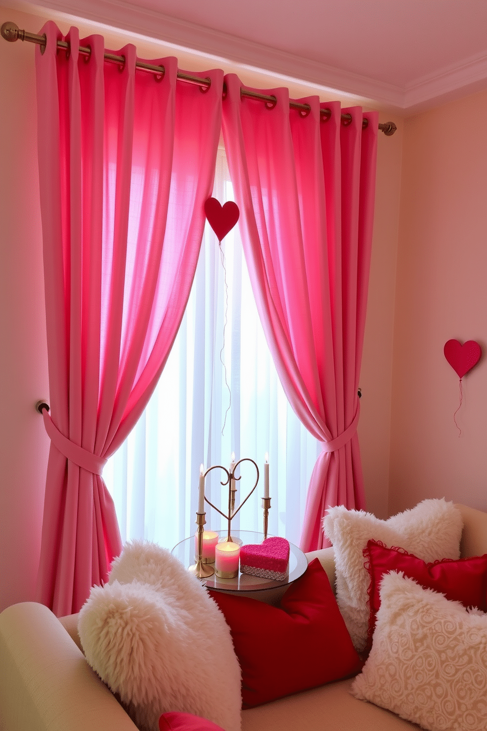 A cozy and romantic living space adorned with Valentine's Day themed curtains. The curtains feature a soft pink fabric with delicate heart patterns, filtering gentle light into the room. In the corner, a small table is set with a heart-shaped centerpiece and flickering candles. Plush throw pillows in shades of red and white complement the decor, creating an inviting atmosphere for a Valentine's celebration.