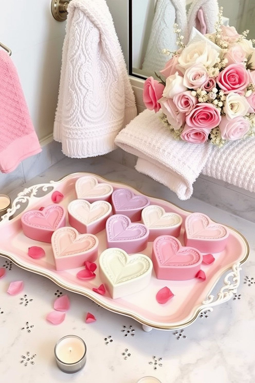 A charming display of heart-shaped soap dishes arranged on a delicate tray, featuring a variety of pastel colors like pink, lavender, and mint green. Surrounding the tray are small decorative items such as rose petals and flickering candles, creating a romantic ambiance. A beautifully styled bathroom countertop adorned with heart-shaped soap dishes, each uniquely designed with intricate patterns and textures. Soft, fluffy towels in coordinating colors hang nearby, while a bouquet of fresh flowers adds a touch of elegance to the Valentine's Day theme.