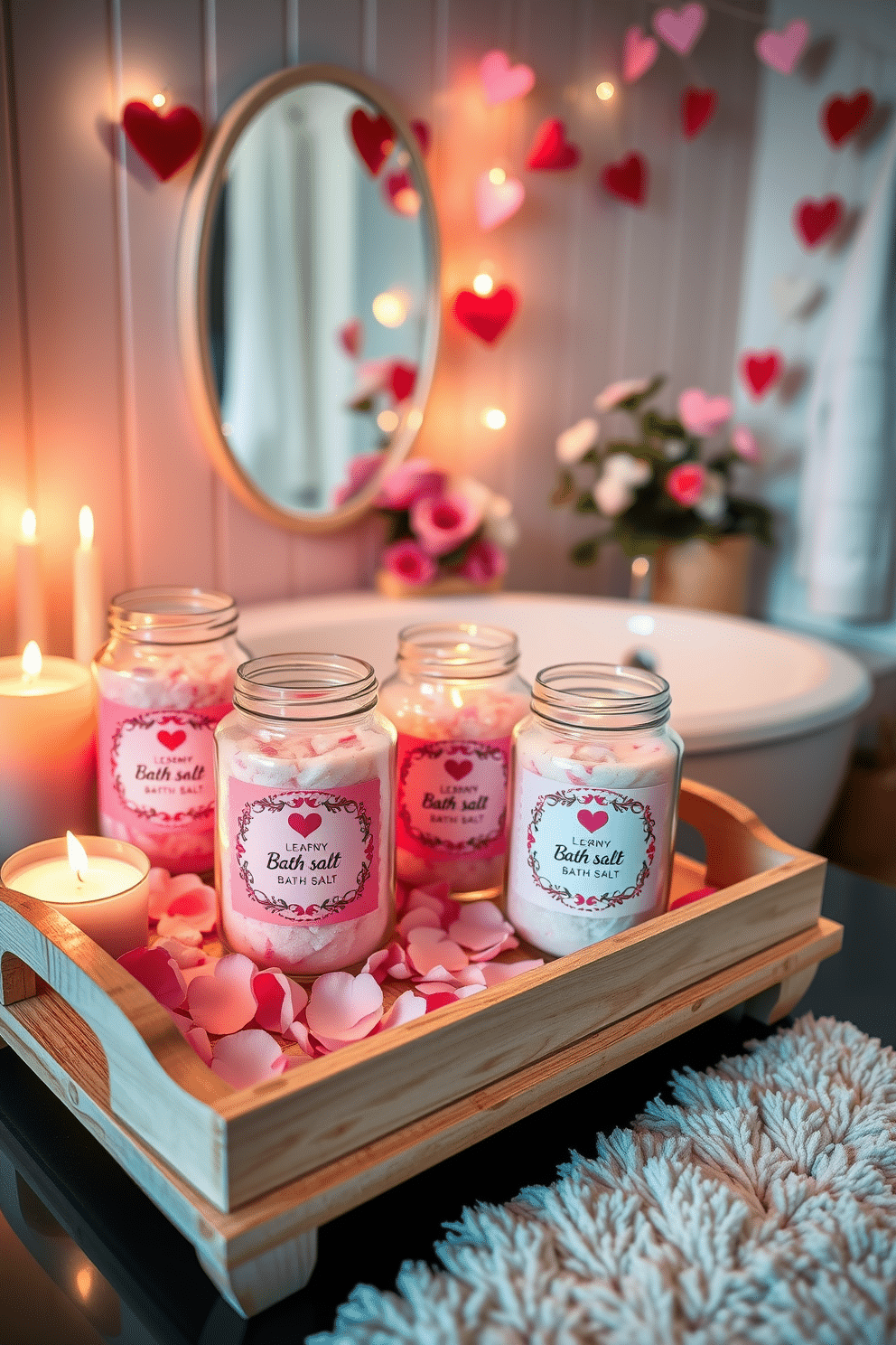 A collection of beautifully designed bath salt jars, each featuring romantic labels adorned with heart motifs and pastel colors. The jars are arranged on a delicate wooden tray, surrounded by soft pink rose petals and flickering candles for a cozy Valentine's Day ambiance. A charming bathroom setting decorated for Valentine's Day, showcasing heart-shaped accents and soft, romantic lighting. The space features a plush white bath mat, a fragrant floral arrangement, and a whimsical garland of hearts draped along the mirror.