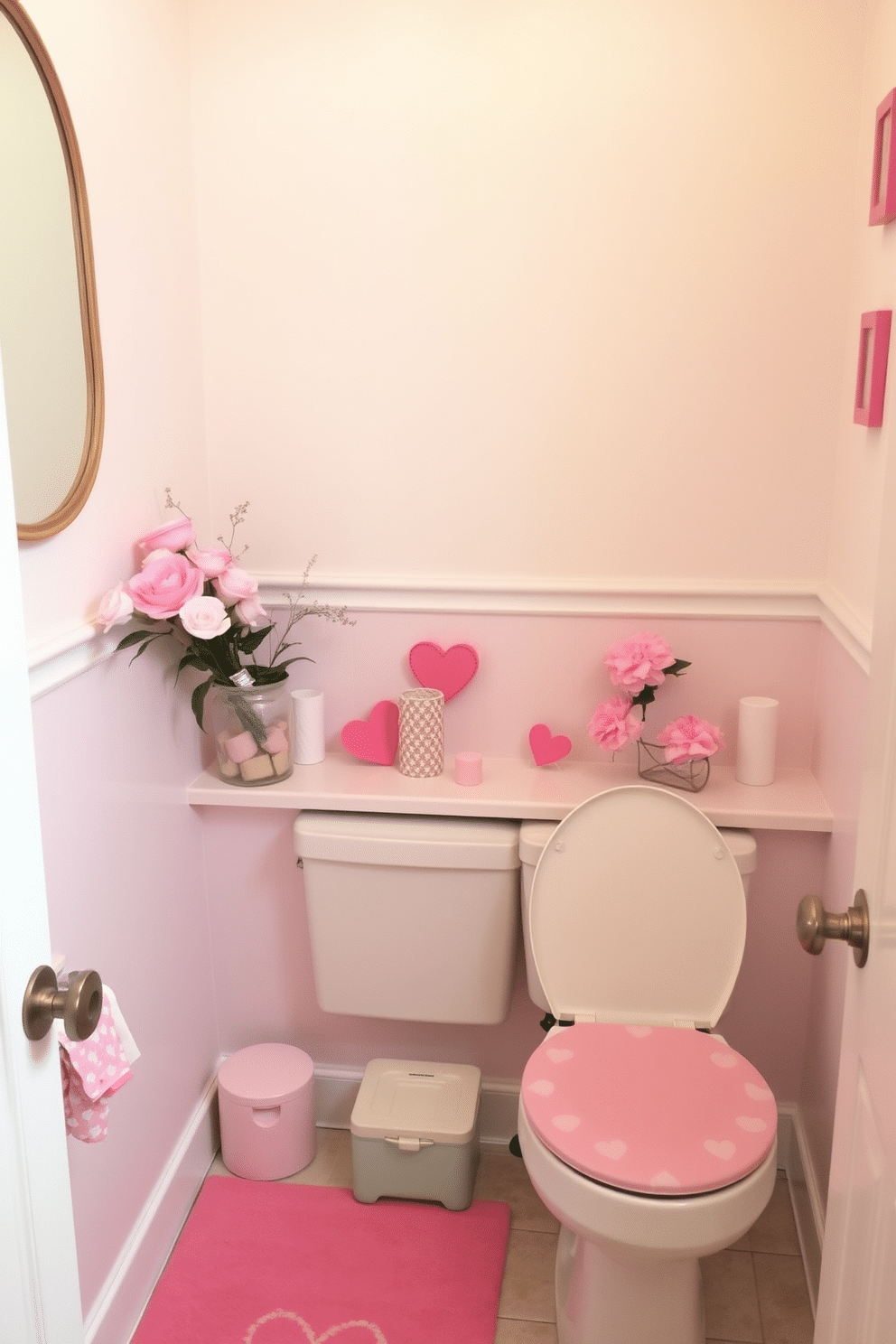 A charming bathroom scene featuring a heart-patterned toilet seat cover that adds a playful touch to the space. Surrounding the toilet, soft pink accents and heart-themed decor create a warm and inviting atmosphere for Valentine's Day celebrations. Delicate floral arrangements in pastel hues adorn the countertop, complemented by heart-shaped accessories. The walls are adorned with subtle love-themed artwork, enhancing the romantic vibe of the bathroom.