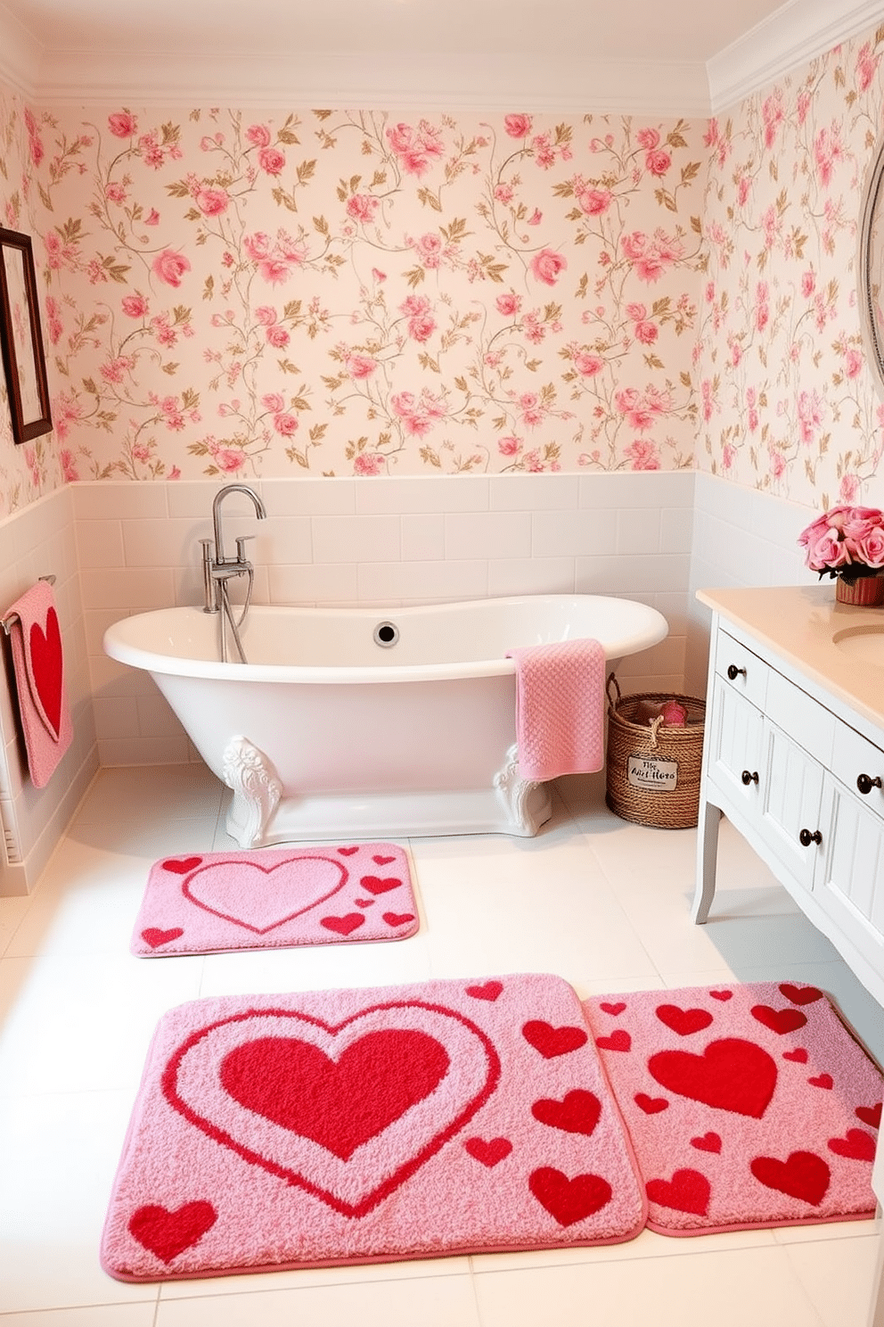 A cozy bathroom adorned with Valentine's Day themed bath mats featuring heart patterns in shades of pink and red. The mats are placed in front of a freestanding tub, complementing the soft white tiles and a backdrop of delicate floral wallpaper. A charming arrangement of decorative elements enhances the Valentine's Day spirit, including a heart-shaped mirror and a bouquet of fresh roses on the vanity. Soft, ambient lighting casts a warm glow, creating an inviting atmosphere perfect for a romantic retreat.