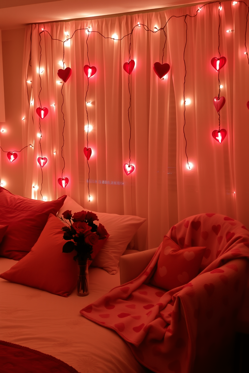 A romantic bedroom setting adorned with heart-shaped LED lights strung along the walls, casting a warm and inviting glow. Plush pillows in shades of pink and red are scattered across the bed, complemented by soft, sheer curtains that flutter gently in the breeze. A cozy reading nook features a comfortable armchair draped with a heart-patterned throw blanket, inviting relaxation. A small side table holds a vase of fresh roses, adding a touch of elegance to the Valentine's Day decor.