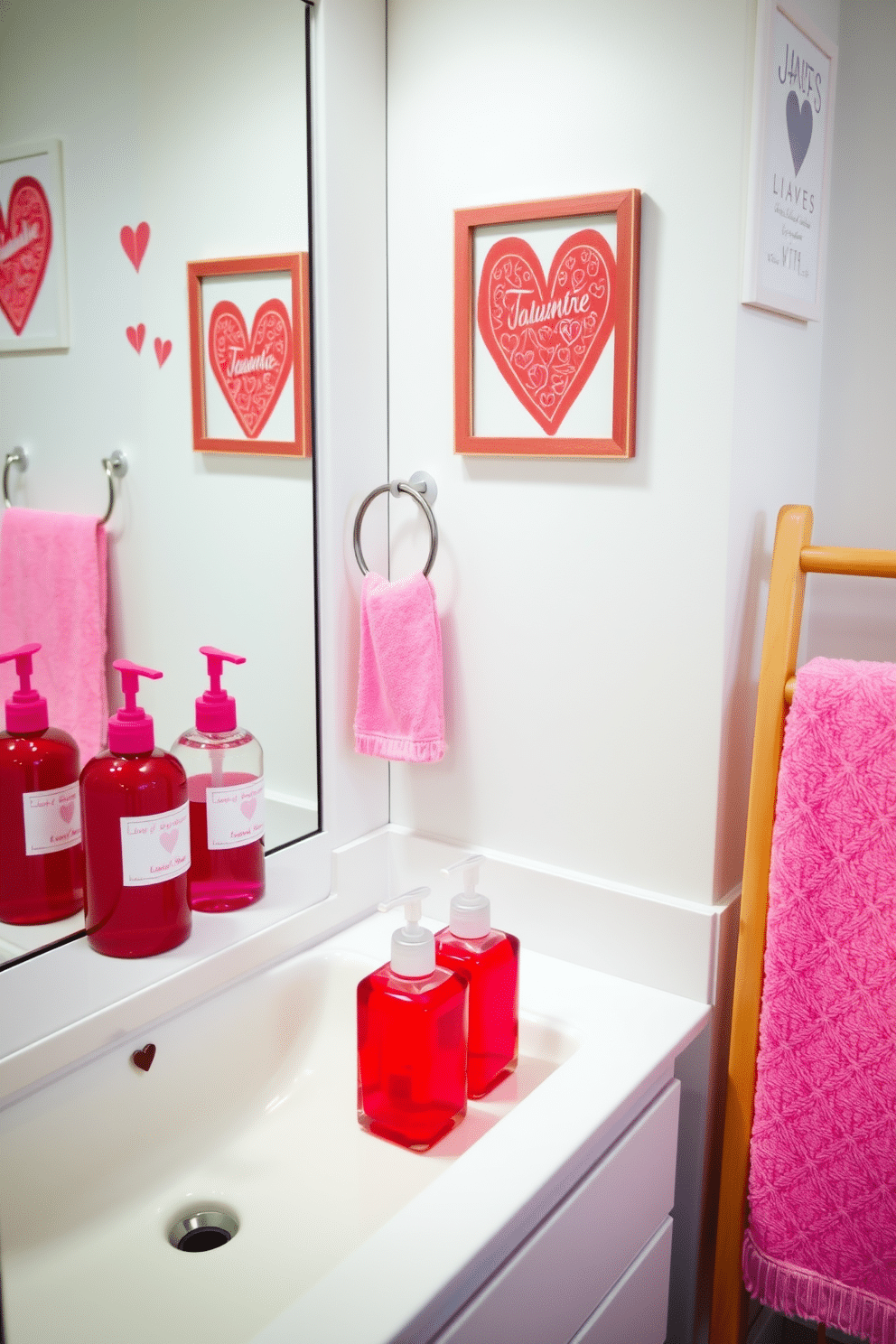 A charming bathroom scene adorned for Valentine's Day, featuring vibrant red and pink soap dispensers on a sleek white countertop. The walls are decorated with heart-themed artwork, and soft pink towels are neatly arranged on a wooden rack nearby.