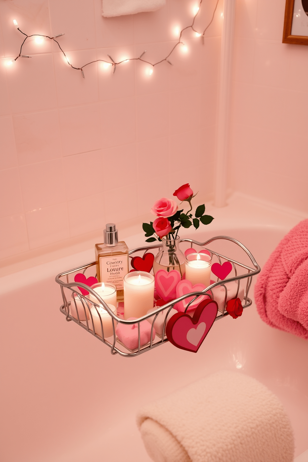 A romantic bathroom setting featuring a beautifully arranged bath caddy adorned with heart-shaped decorations. The caddy holds scented candles, a bottle of luxurious bath oil, and a small vase of fresh roses, creating an inviting atmosphere for relaxation. Soft pink and red accents are incorporated throughout the space, with plush towels and a decorative rug that enhances the Valentine's Day theme. Delicate fairy lights are strung above the bathtub, casting a warm glow that adds to the love-inspired ambiance.