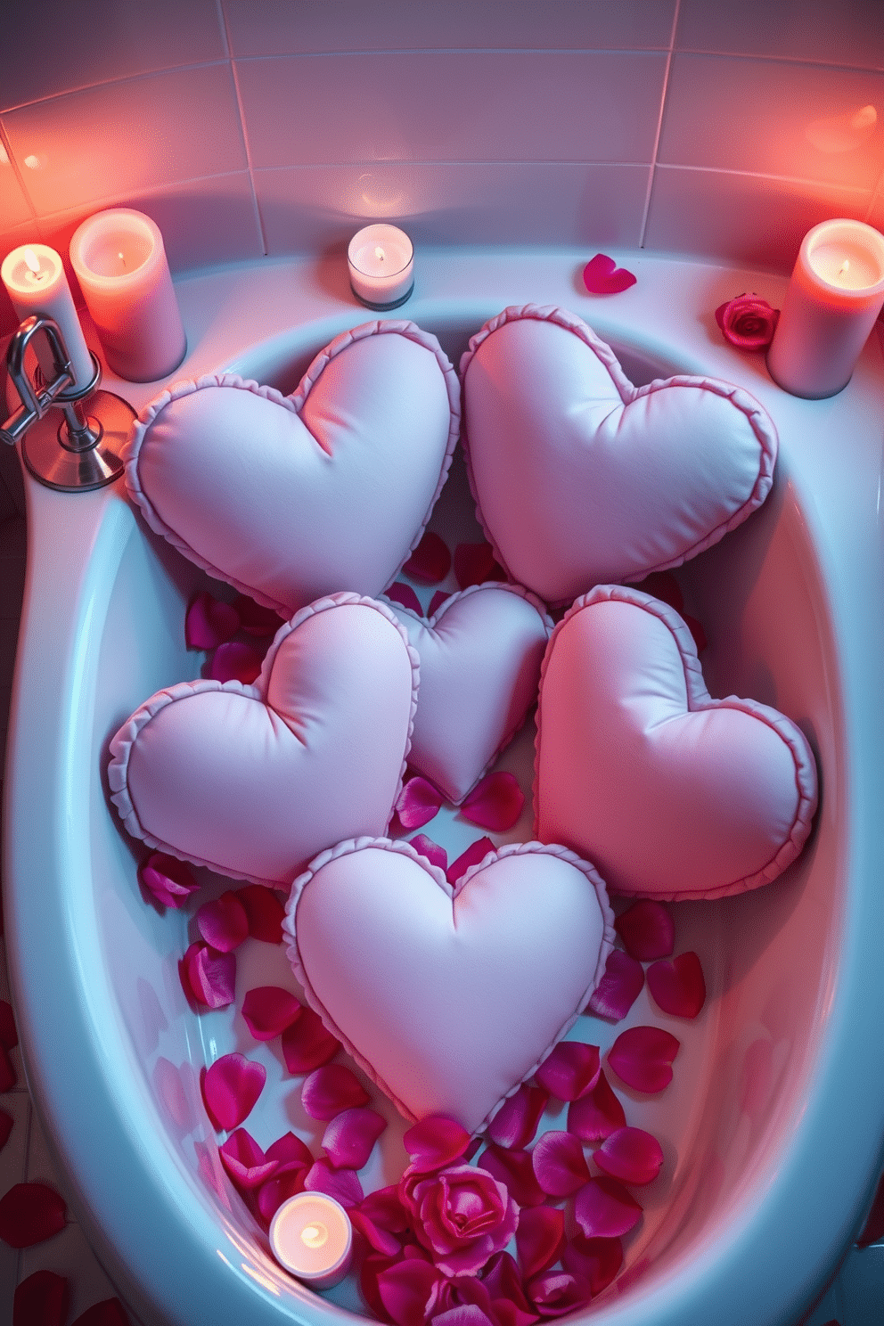 A romantic bathroom setting adorned with heart-shaped bath pillows in soft pastel colors. The pillows are arranged in a cozy bathtub surrounded by flickering candles and rose petals for a perfect Valentine's Day ambiance.