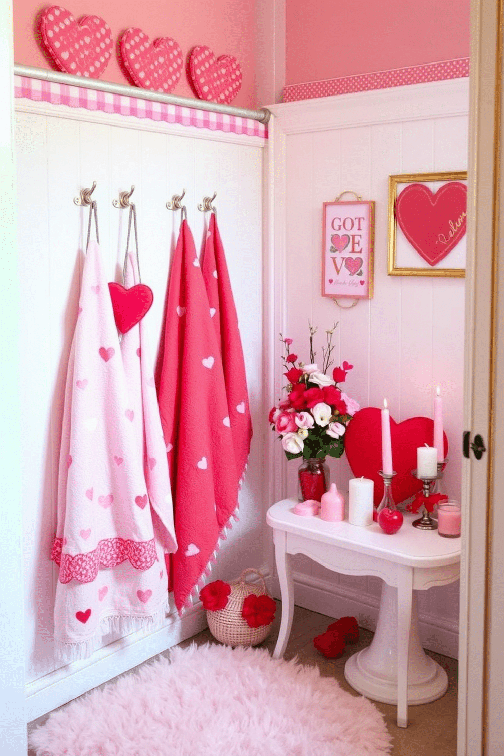 A charming bathroom scene adorned with heart-patterned shower caps hanging from hooks on the wall. The space is decorated with soft pink and red accents, including heart-shaped towels and a festive shower curtain, creating a warm and inviting atmosphere for Valentine's Day. A cozy nook featuring a beautifully arranged display of Valentine's Day decorations, including heart-themed candles and floral arrangements. The walls are adorned with romantic artwork, while a plush rug adds comfort to the space, inviting relaxation and celebration.