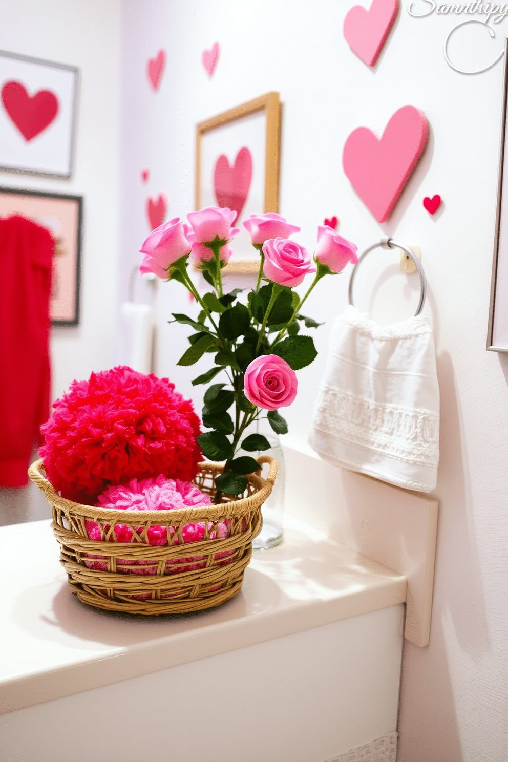 A vibrant bathroom setting adorned for Valentine's Day. Two fluffy bath poufs in shades of red and pink are placed in a woven basket, adding a playful touch to the decor. The walls are decorated with heart-themed artwork, while soft, romantic lighting casts a warm glow throughout the space. Fresh pink roses are arranged in a charming vase on the countertop, enhancing the festive atmosphere.