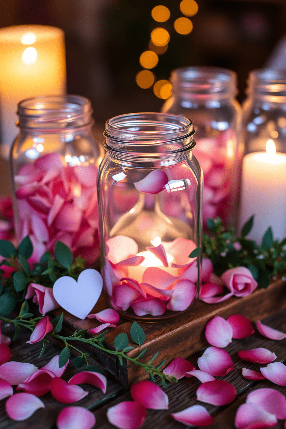 A romantic display of glass jars filled with delicate rose petals sits atop a rustic wooden table. Soft candlelight glimmers through the jars, creating an enchanting atmosphere perfect for Valentine's Day. Surrounding the jars, scattered rose petals in various shades of pink and red enhance the festive feel. Fresh greenery and small heart-shaped decorations add a charming touch to the overall decor.