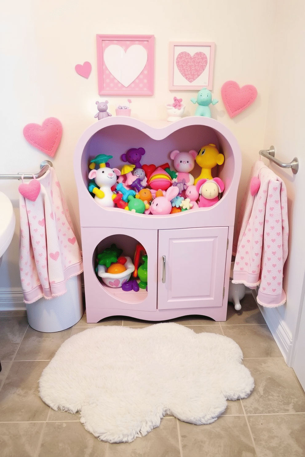 A charming bath toy storage area designed for Valentine's Day. The storage unit is shaped like a heart, painted in soft pink with white accents, and filled with colorful bath toys that evoke a playful, romantic atmosphere. Surrounding the storage, whimsical decorations include heart-shaped wall art and pastel-colored towels adorned with love-themed patterns. A small, plush rug in the shape of a cloud adds a cozy touch to the bathroom floor, enhancing the festive and loving vibe.