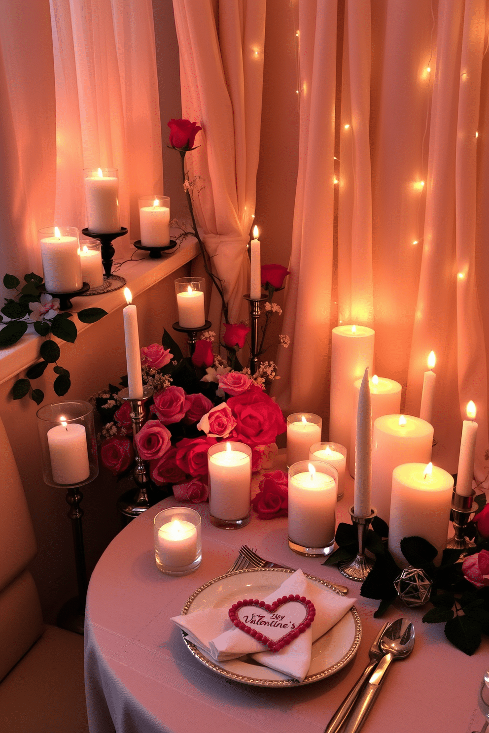 A cozy corner adorned with romantic scented candles in various shapes and sizes, casting a warm glow throughout the space. The soft flicker of the flames complements the delicate arrangement of fresh roses and heart-shaped decorations, creating an intimate atmosphere perfect for Valentine's Day. A beautifully set table featuring elegant dinnerware paired with charming heart-themed napkins and flickering candlelight. The backdrop includes soft drapes and twinkling fairy lights, enhancing the romantic vibe for a perfect Valentine's Day celebration.