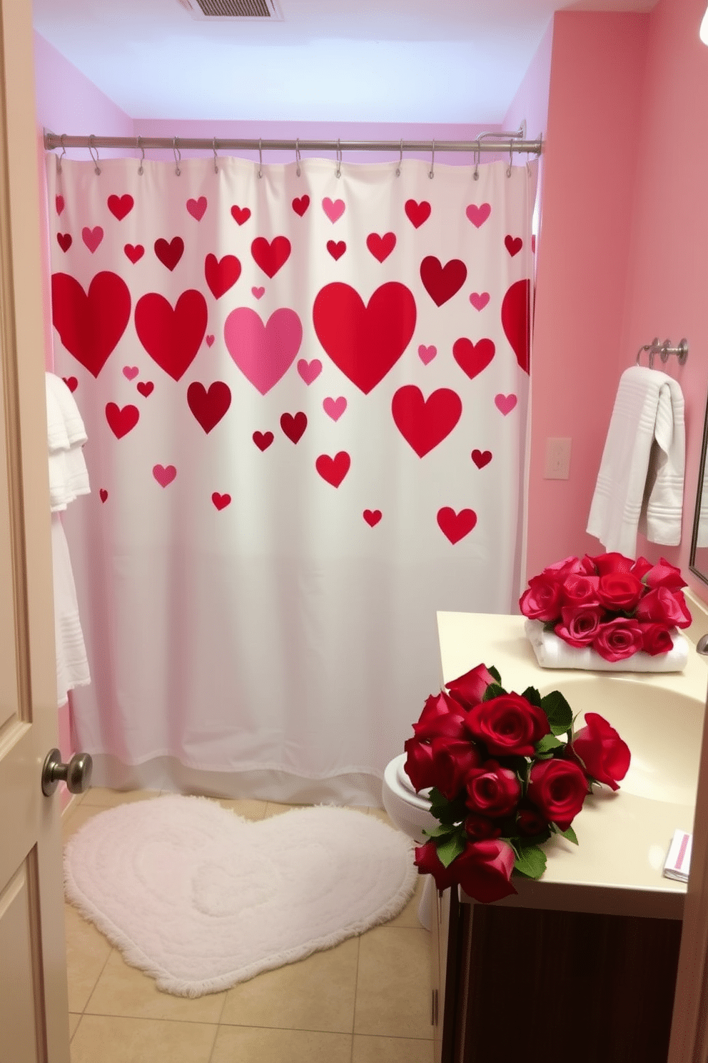 A charming bathroom adorned with a Valentine-themed shower curtain featuring playful hearts in shades of red and pink. The space is complemented by soft white towels and a bouquet of fresh roses arranged on the countertop, creating a romantic ambiance. The walls are painted in a soft blush hue, enhancing the festive atmosphere. A heart-shaped rug lies in front of the sink, adding a cozy touch to the Valentine’s Day decor.