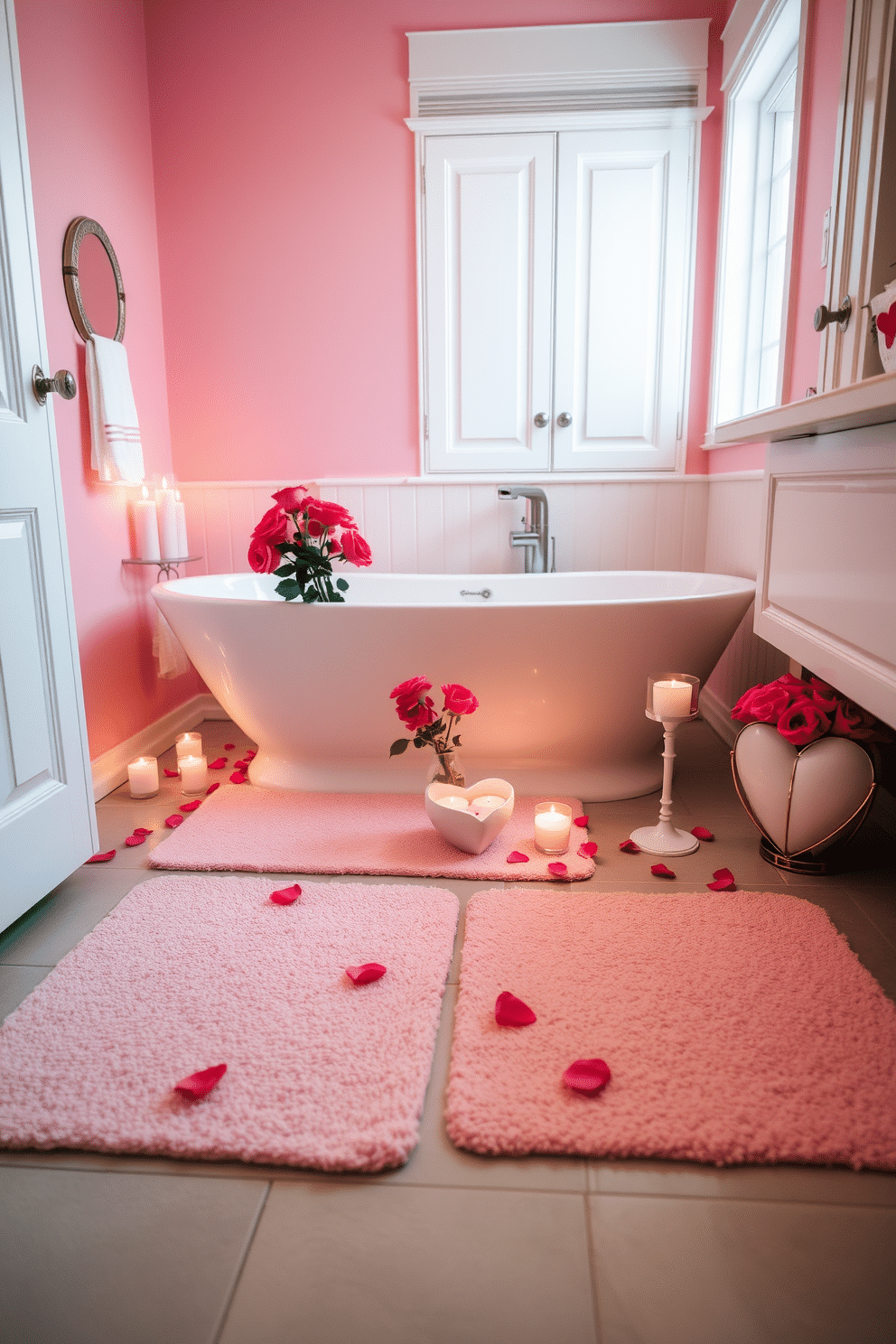 A cozy bathroom setting adorned with heart-patterned bath mats in soft pastel colors, creating a warm and inviting atmosphere. The mats are placed in front of a sleek white bathtub, which is surrounded by flickering candles and delicate rose petals for a romantic touch. On the countertop, a charming arrangement of heart-themed decor items, including a small vase filled with fresh red roses and a decorative heart-shaped soap dish. The walls are painted in a soft pink hue, complemented by elegant white cabinetry and soft lighting that enhances the Valentine's Day spirit.