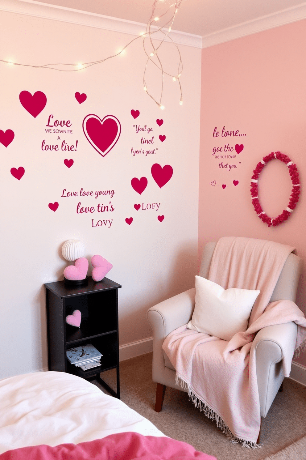 A romantic bedroom setting adorned with love-themed wall decals featuring hearts and affectionate quotes. The walls are painted in soft pastel colors, creating a warm and inviting atmosphere perfect for Valentine's Day. A cozy reading nook with a plush armchair draped in a soft throw blanket, complemented by a small side table displaying heart-shaped decorations. A string of fairy lights hangs above, adding a magical touch to the space.