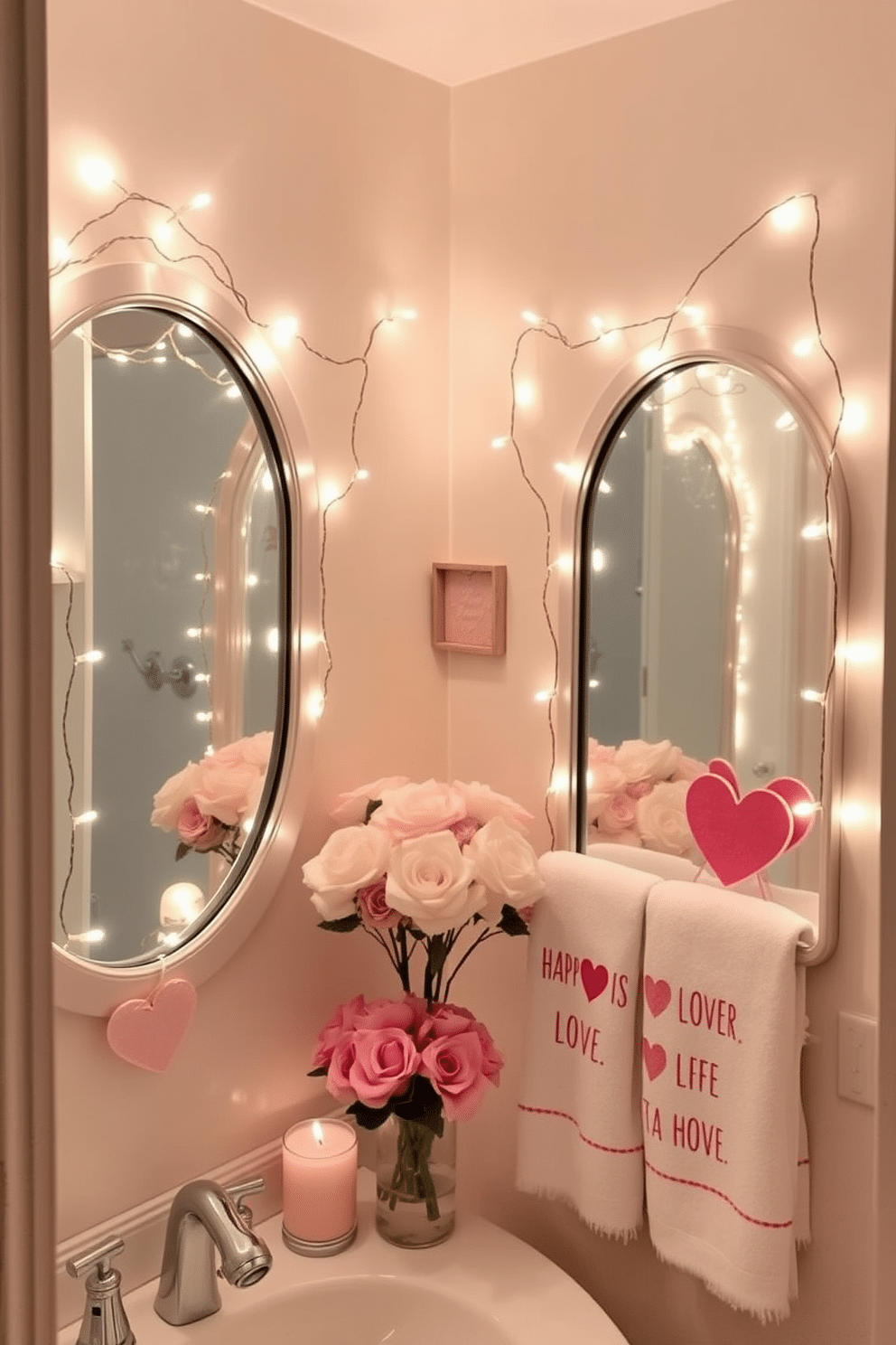 A cozy bathroom adorned with string lights delicately wrapped around the mirrors, casting a warm and inviting glow. The soft illumination highlights the elegant details of the space, creating a romantic atmosphere perfect for Valentine's Day. Charming decorations featuring heart-shaped accents and pastel colors enhance the Valentine's Day theme. Fresh flowers in a vase and playful, themed towels add a touch of love and whimsy to the overall design.