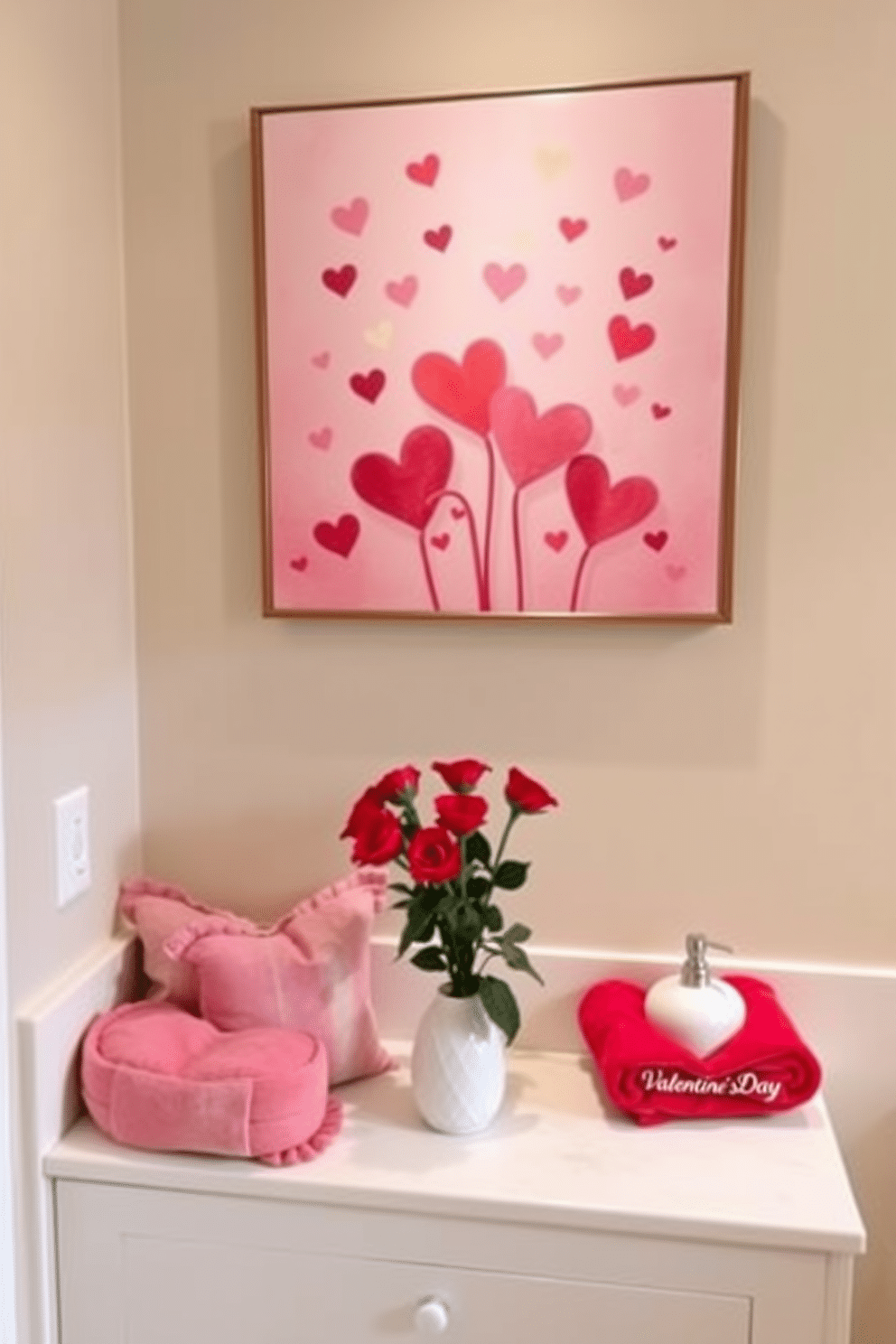 A romantic Valentine's Day themed artwork, featuring soft pastel colors and whimsical hearts, hangs prominently on the wall. Below the artwork, a cozy seating area is adorned with plush cushions in shades of pink and red, inviting guests to relax and enjoy the ambiance. For bathroom Valentine's Day decorating ideas, consider adding heart-shaped soap dispensers and plush towels in vibrant hues. A small vase filled with fresh red roses can be placed on the countertop, enhancing the love-filled atmosphere.