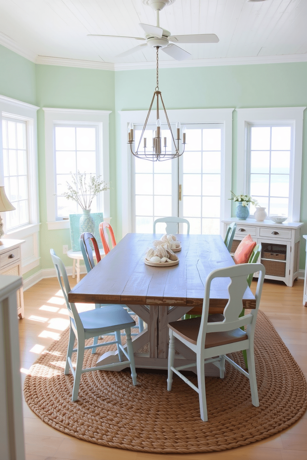 A bright and airy beach dining room featuring whitewashed wooden furniture and coastal-inspired decor. The walls are painted in soft seafoam green, with large windows allowing natural light to flood the space, showcasing ocean views. The dining table is a rustic, reclaimed wood piece surrounded by mismatched chairs in pastel colors. Nautical accents, such as a woven jute rug and seashell centerpieces, enhance the coastal vibe while providing a relaxed atmosphere for family gatherings.