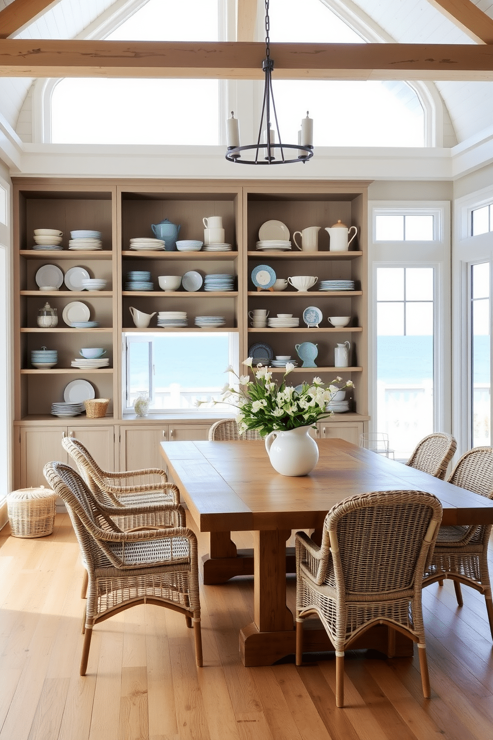 A bright and airy beach dining room features open shelving displaying an array of coastal dishware in soft blues and whites. A large wooden dining table, surrounded by light wicker chairs, is set against a backdrop of large windows that invite natural light and ocean views.