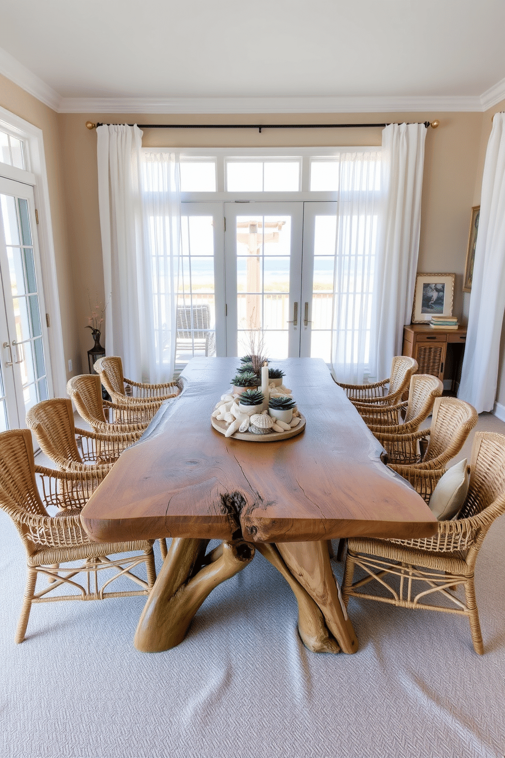 A serene beach-themed dining room featuring a rustic wooden table made from reclaimed driftwood, surrounded by woven chairs that evoke a coastal vibe. The table is adorned with natural centerpieces, including a collection of sea glass, shells, and small potted succulents, creating a relaxed and inviting atmosphere. The walls are painted in soft sandy beige, complemented by light blue accents that mimic the ocean. Large windows allow ample natural light to flood the space, while sheer white curtains flutter gently in the breeze, enhancing the beachy ambiance.