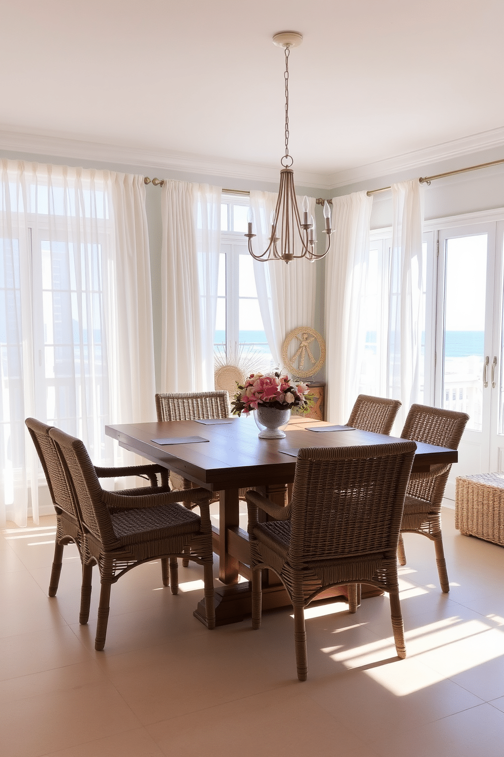 A beach dining room filled with natural light. The space features light, airy curtains that flutter gently in the ocean breeze, enhancing the relaxed atmosphere. A large wooden dining table is surrounded by woven chairs, creating a warm and inviting setting. Soft pastel colors adorn the walls, complemented by nautical-themed decor and a centerpiece of fresh flowers.