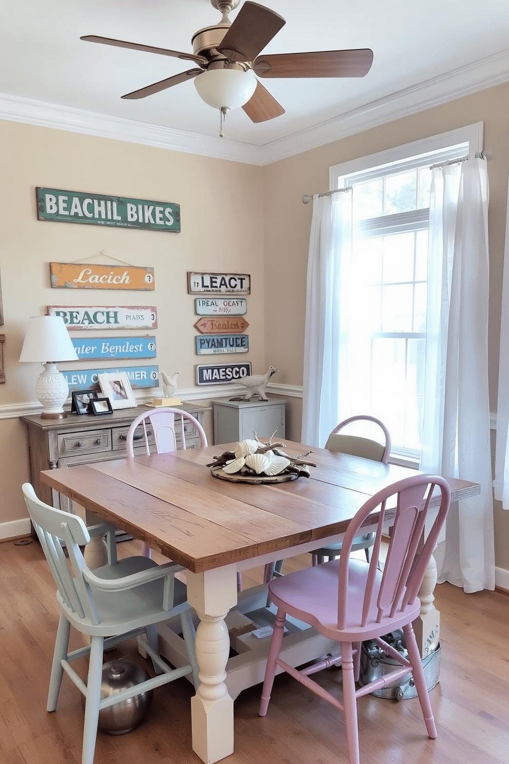 A cozy beach-themed dining room features vintage beach signs as wall art, creating a playful yet nostalgic atmosphere. The walls are painted in soft sandy tones, complemented by a rustic wooden dining table surrounded by mismatched chairs in pastel colors. Natural light floods in through large windows adorned with sheer white curtains, enhancing the airy feel of the space. A centerpiece of seashells and driftwood adds a touch of coastal charm to the table, while a collection of beach-themed decor completes the inviting ambiance.