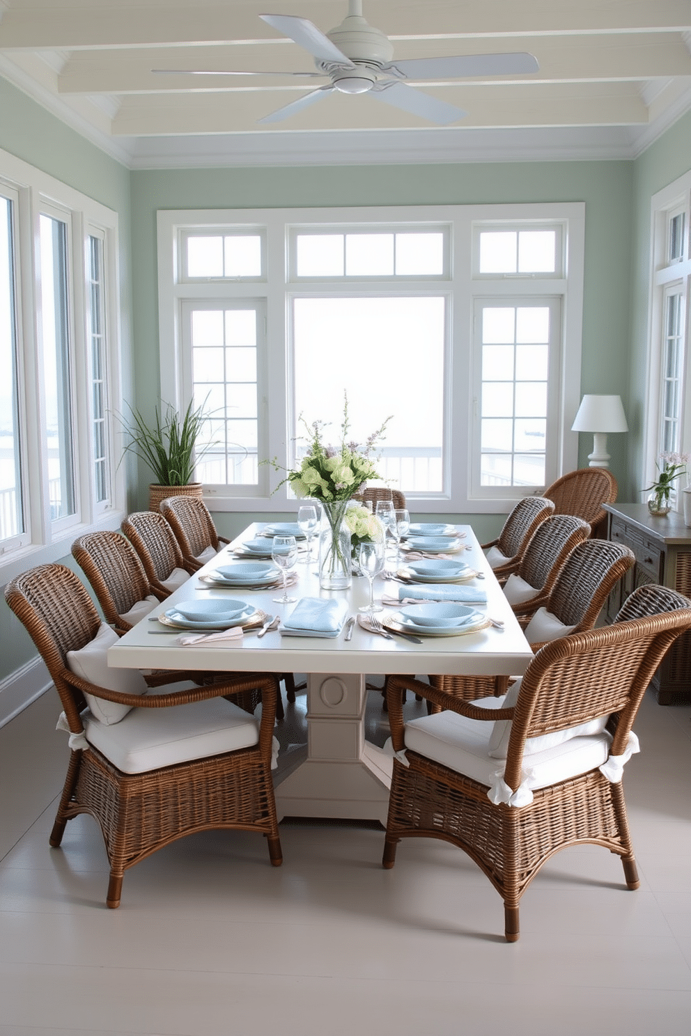 A serene beach dining room featuring soft pastel hues that evoke a calming atmosphere. The table is set with light blue plates and delicate white linens, surrounded by wicker chairs with plush cushions. Large windows allow natural light to flood the space, showcasing a view of the ocean. The walls are painted in a soft seafoam green, complemented by sandy beige accents throughout the decor.