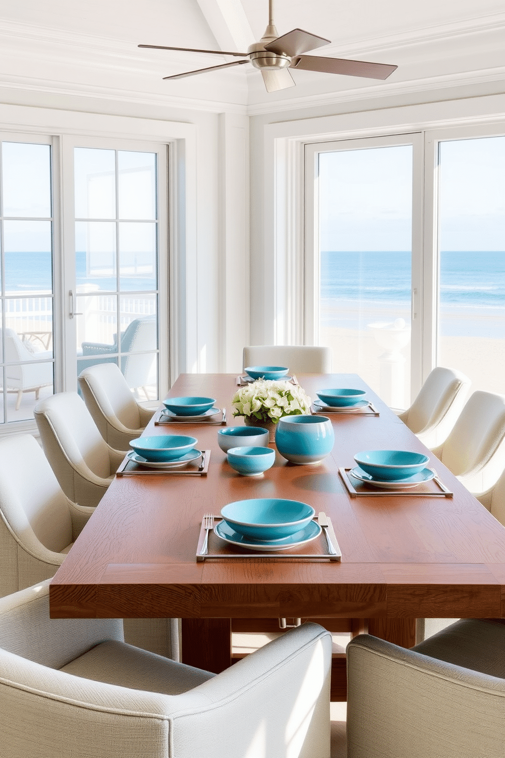 A serene beach dining room features a large wooden table set with ceramic dishes in ocean hues, reflecting shades of turquoise and deep blue. Surrounding the table are comfortable, light-colored chairs that evoke a coastal vibe, while large windows allow natural light to flood the space, offering a view of the ocean beyond.