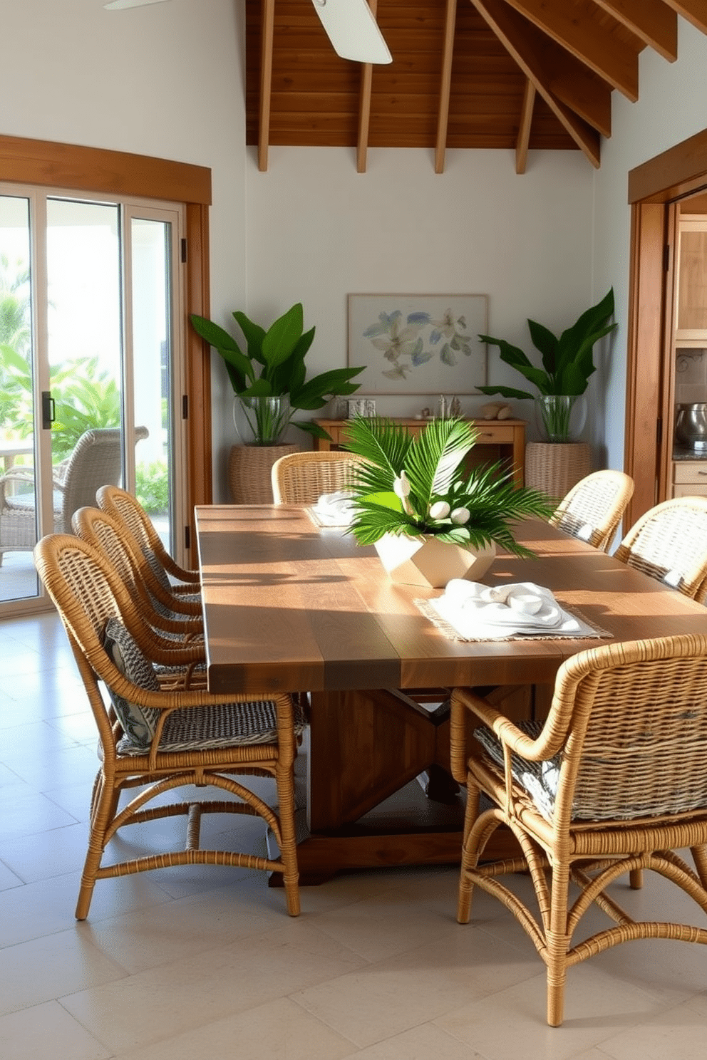 A bright and airy beach dining room featuring rattan accents throughout. The dining table is made of reclaimed wood, surrounded by rattan chairs that bring a tropical touch to the space. Large sliding glass doors open to a patio, allowing natural light to flood the room. Decorate the table with a centerpiece of tropical leaves and seashells, complemented by soft, neutral-toned linens.