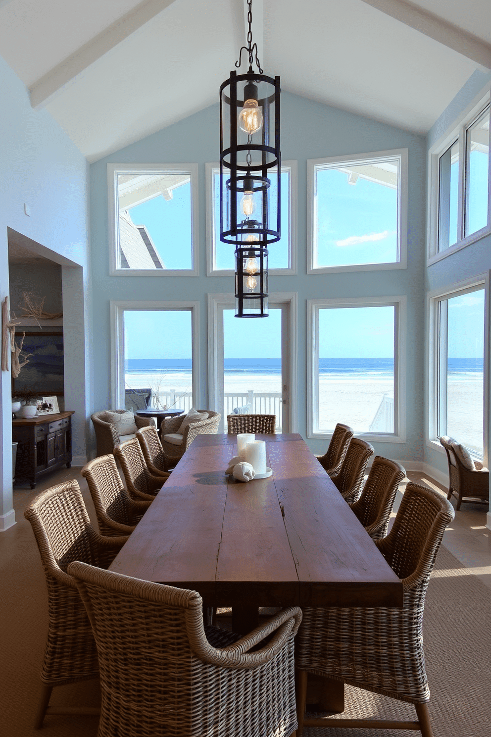 A beach dining room features a large wooden table surrounded by woven chairs, creating a relaxed yet elegant atmosphere. Above the table, hanging lanterns with soft, warm light cast a gentle glow, enhancing the coastal vibe of the space. The walls are painted in a light, airy blue, reminiscent of the ocean, while accents of driftwood and seashell decor add a touch of nature. Large windows allow natural light to flood in, offering a stunning view of the beach outside and bringing the outdoors in.