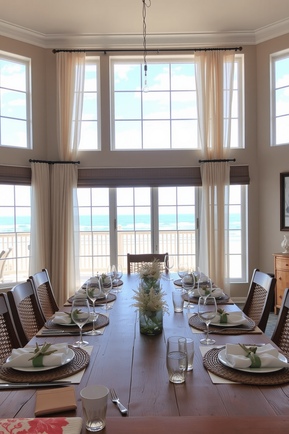 A beach dining room featuring a rustic wooden table set for an elegant meal. The table is adorned with coral-inspired napkin rings, surrounded by woven placemats and delicate sea glass centerpieces. Light, airy curtains flutter in the ocean breeze, framing large windows that offer stunning views of the beach. The walls are painted in soft sand tones, complemented by nautical-themed artwork that enhances the coastal vibe.