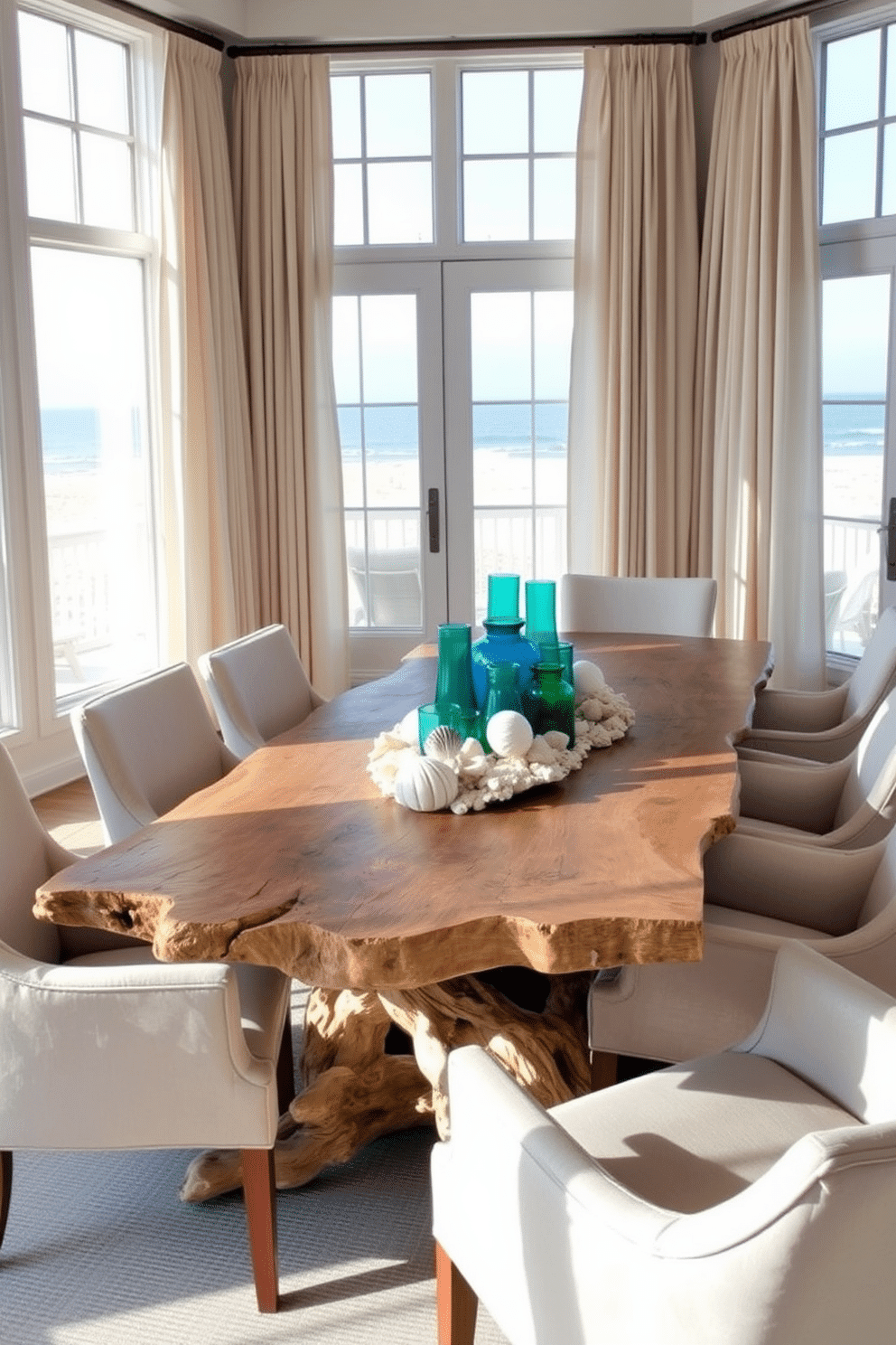 A coastal dining room featuring a driftwood table as the centerpiece, surrounded by comfortable, light-colored chairs. The table is adorned with ocean-inspired decor, including seashells, coral accents, and a centerpiece of vibrant blue and green glass vases. Large windows allow natural light to flood the space, showcasing views of the beach outside. Soft, breezy curtains frame the windows, adding a touch of elegance and enhancing the relaxed, seaside atmosphere.