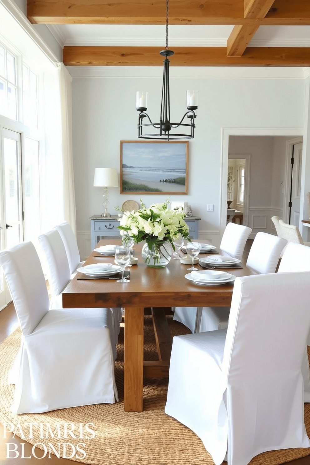 A bright and airy beach dining room features a large wooden table surrounded by white slipcovered chairs, creating a relaxed and inviting atmosphere. Natural light floods the space through large windows, highlighting the soft blue and sandy beige tones of the decor. The walls are adorned with coastal artwork, while a woven jute rug adds texture underfoot. A centerpiece of fresh flowers in a glass vase sits atop the table, complemented by simple, elegant dinnerware.