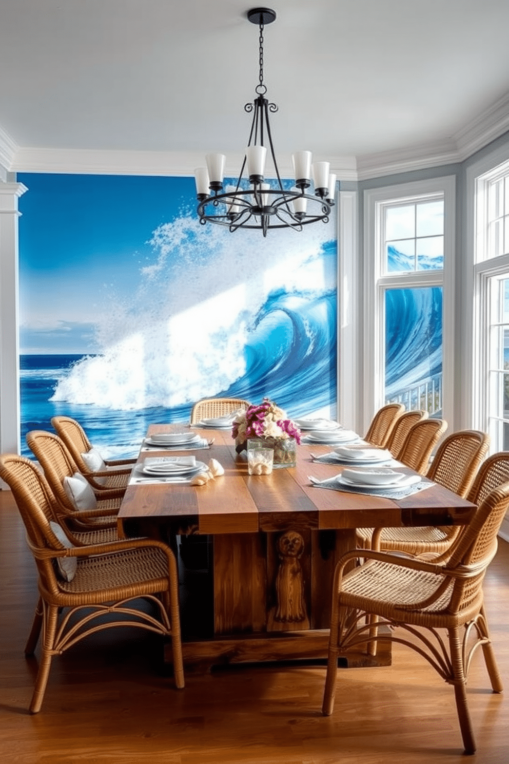 A stunning beach dining room features an ocean wave mural that serves as a vibrant backdrop, creating a serene and inviting atmosphere. The dining table is made of reclaimed wood, surrounded by elegant rattan chairs that complement the coastal theme. Natural light floods the space through large windows, enhancing the airy feel and showcasing the mural's colors. Soft, neutral linens adorn the table, while decorative seashells and a centerpiece of fresh flowers complete the beach-inspired decor.