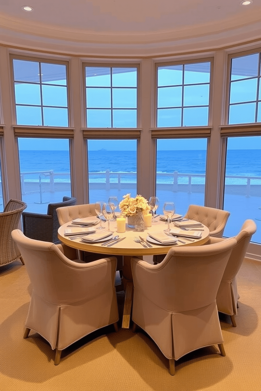 A round table elegantly set for intimate gatherings, surrounded by plush upholstered chairs in soft pastel hues. The table is adorned with a delicate floral arrangement and ambient candlelight, creating a warm and inviting atmosphere. A beach dining room featuring large windows that overlook the ocean, allowing natural light to flood the space. The decor includes a light wooden table paired with woven chairs, complemented by nautical accents and a color palette of sandy beige and ocean blue.