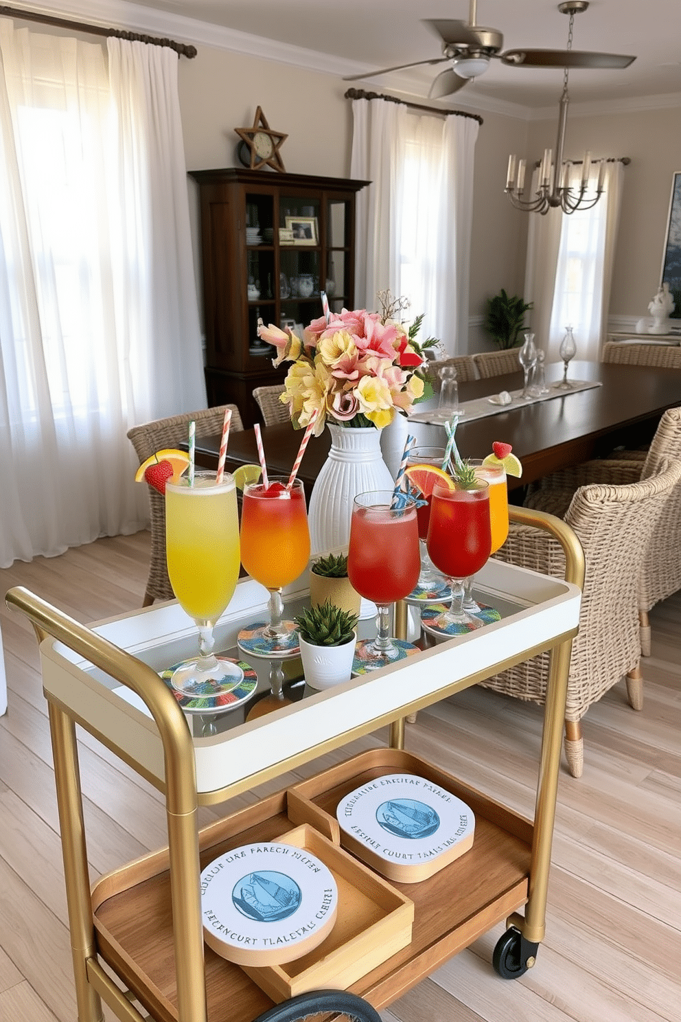 A stylish bar cart is set up with an array of colorful beach cocktails, featuring vibrant garnishes and decorative straws. The cart is adorned with tropical-themed coasters and a small potted plant, creating a lively and inviting atmosphere. The dining room features a coastal-inspired design, with a large wooden table surrounded by woven chairs. Soft, natural light filters through sheer curtains, illuminating the space adorned with sea-inspired decor and a centerpiece of fresh flowers in a ceramic vase.