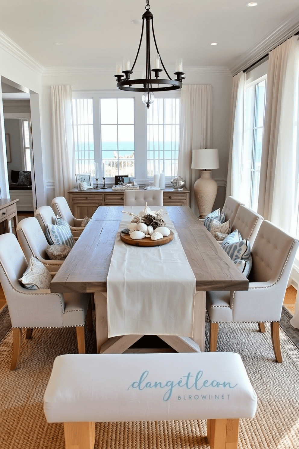 Layered textures create a cozy beach dining room, featuring a large wooden table with a weathered finish surrounded by upholstered chairs in soft, neutral tones. The table is adorned with a linen table runner and a centerpiece of seashells and driftwood, while throw pillows in various shades of blue and white add a touch of coastal charm. The walls are painted in a light, airy color, complemented by natural fiber rugs that enhance the warmth of the space. Large windows allow for abundant natural light, with sheer curtains gently billowing in the ocean breeze, creating a serene and inviting atmosphere for dining.