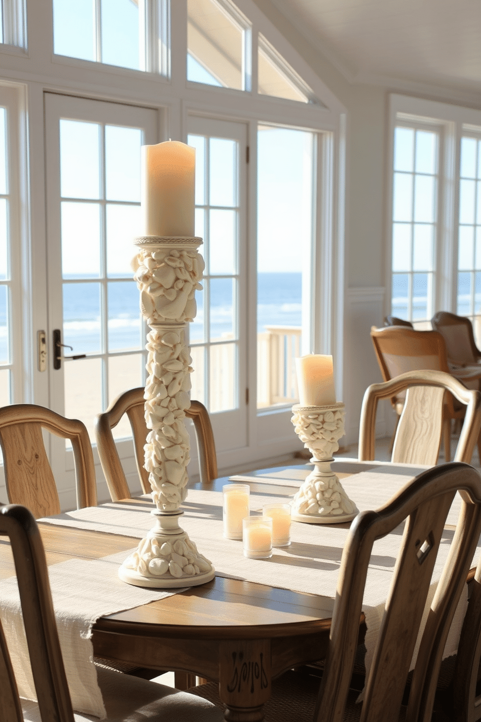 A serene beach dining room featuring elegant shell-encrusted candle holders that cast a warm glow. The table is set with soft, neutral linens and surrounded by weathered wooden chairs, all complemented by a backdrop of large windows showcasing ocean views.